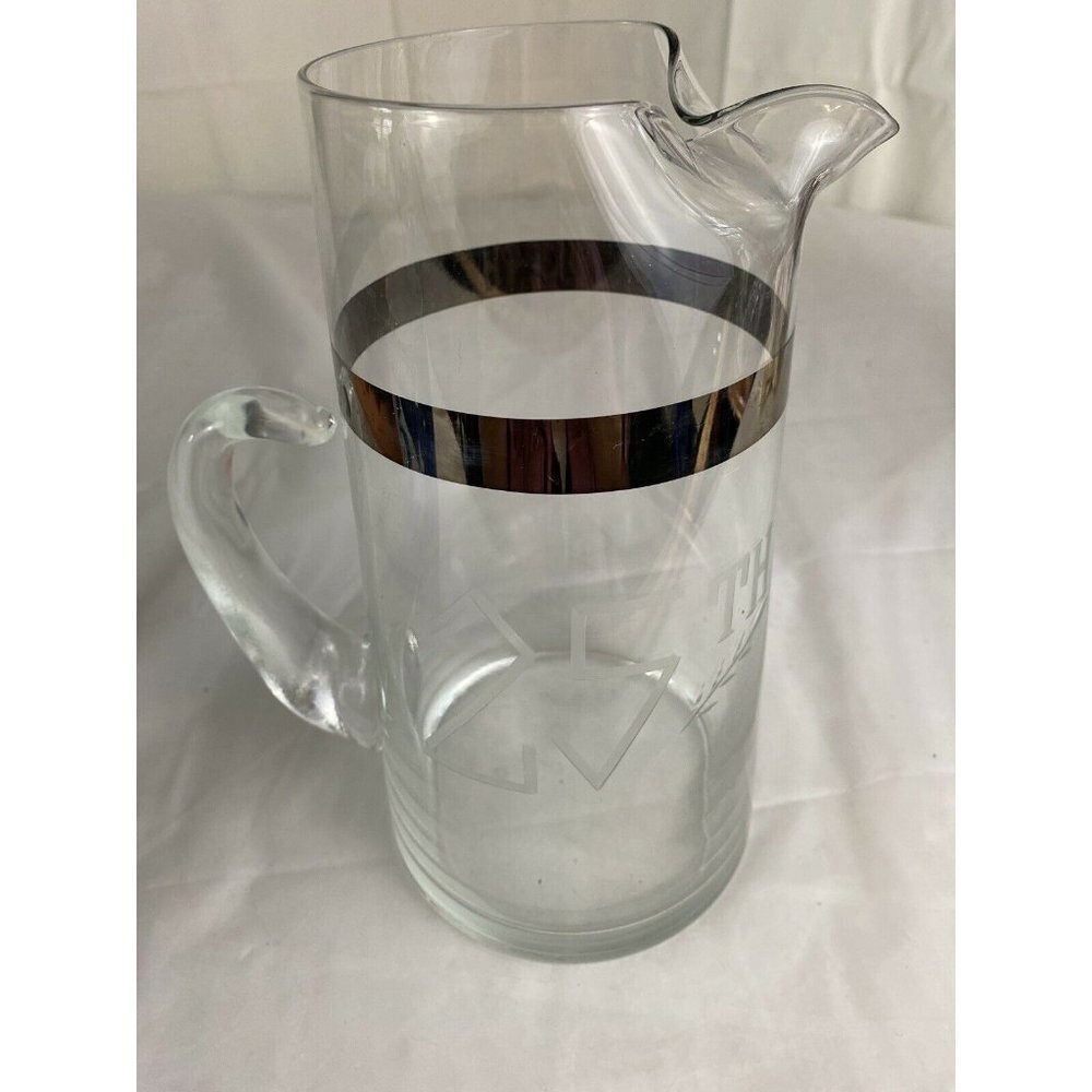 VTG Glass Pitcher Silver Rim Etched 25th Anniversary MCM Clear Barware 50s 60s